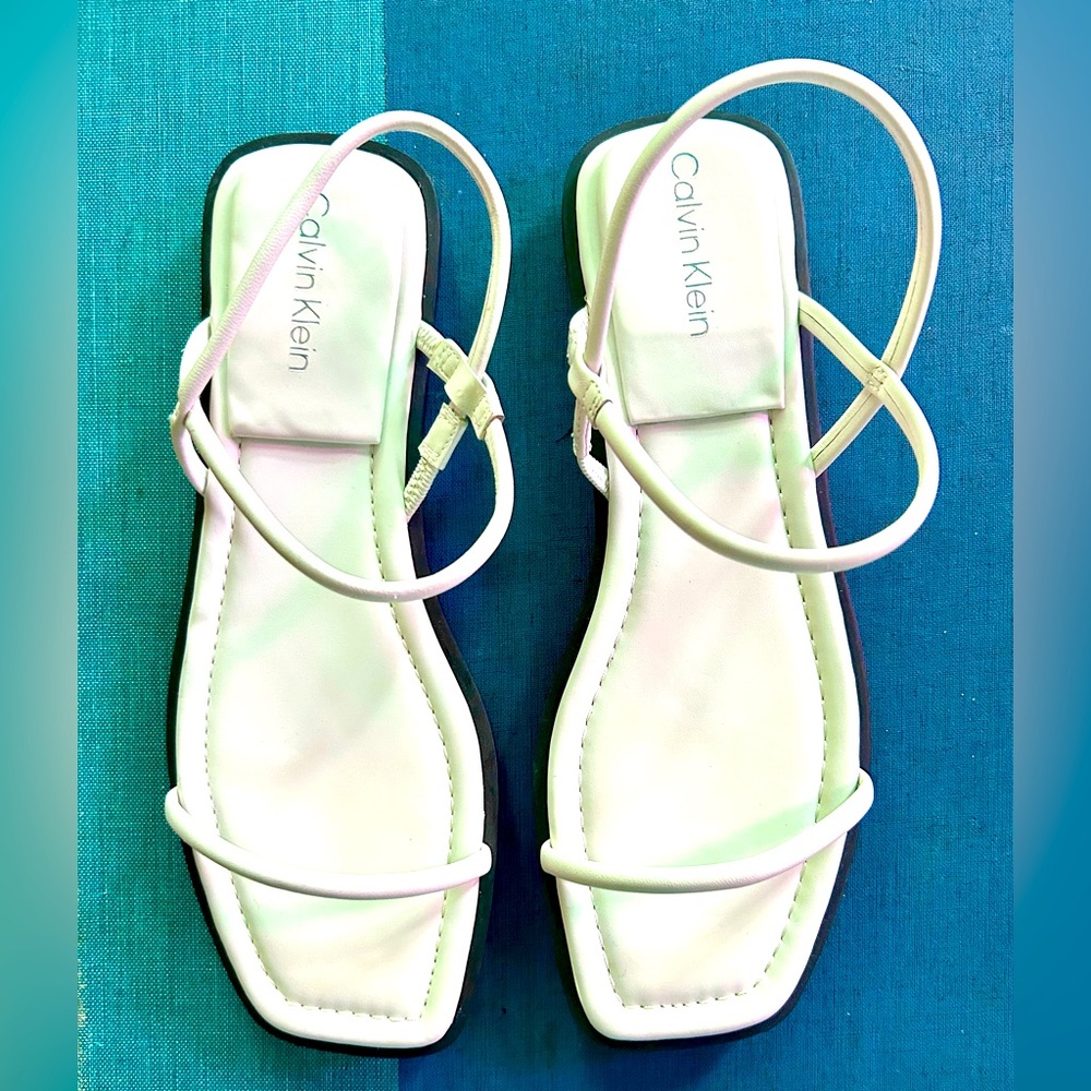 Calvin Klein White Strappy Flat Sandals, Size 9
